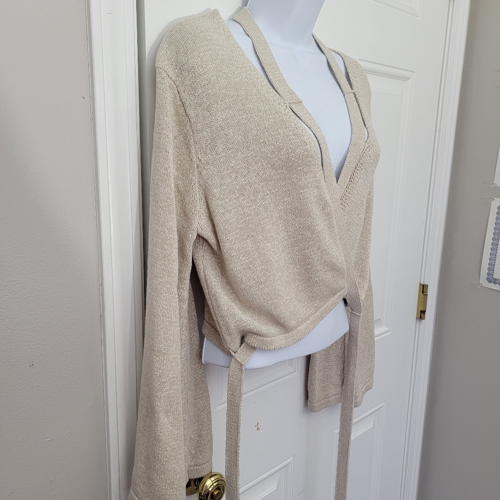 VICI Beige V Neck Long Sleeve Wrap Knit Cardigan Sweater Cropped Long Tie Large - Picture 4 of 10